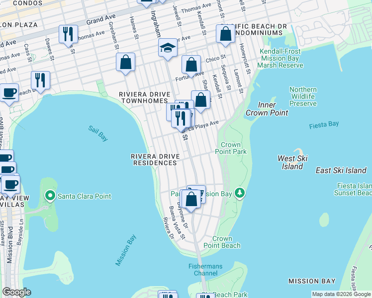 map of restaurants, bars, coffee shops, grocery stores, and more near 3700 Ingraham Street in San Diego