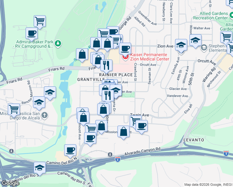 map of restaurants, bars, coffee shops, grocery stores, and more near 4555 Vandever Avenue in San Diego