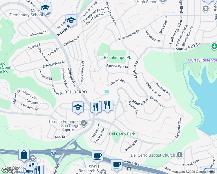 map of restaurants, bars, coffee shops, grocery stores, and more near 6371 Dwane Avenue in San Diego