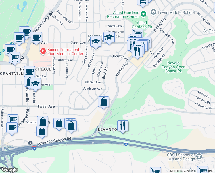 map of restaurants, bars, coffee shops, grocery stores, and more near 6315 50th Street in San Diego