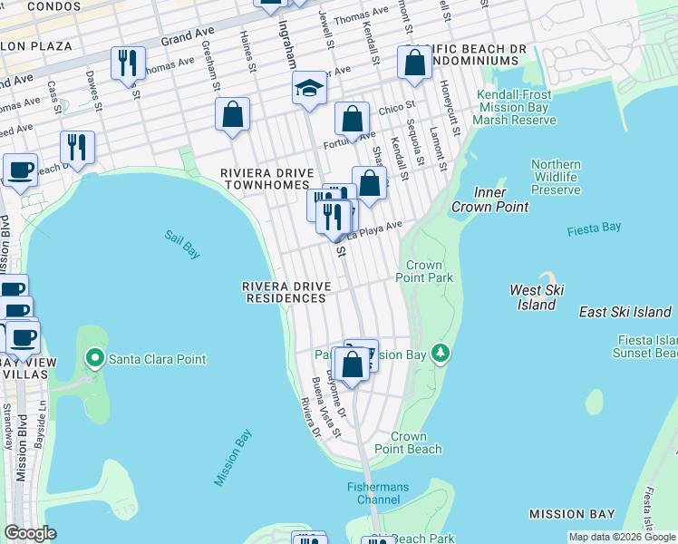 map of restaurants, bars, coffee shops, grocery stores, and more near 3700 Ingraham Street in San Diego