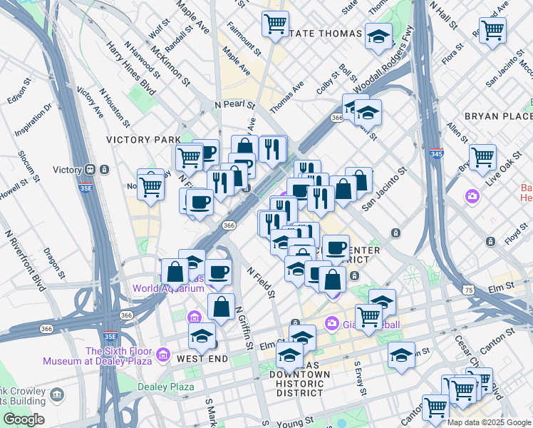 map of restaurants, bars, coffee shops, grocery stores, and more near 1900 North Akard Street in Dallas