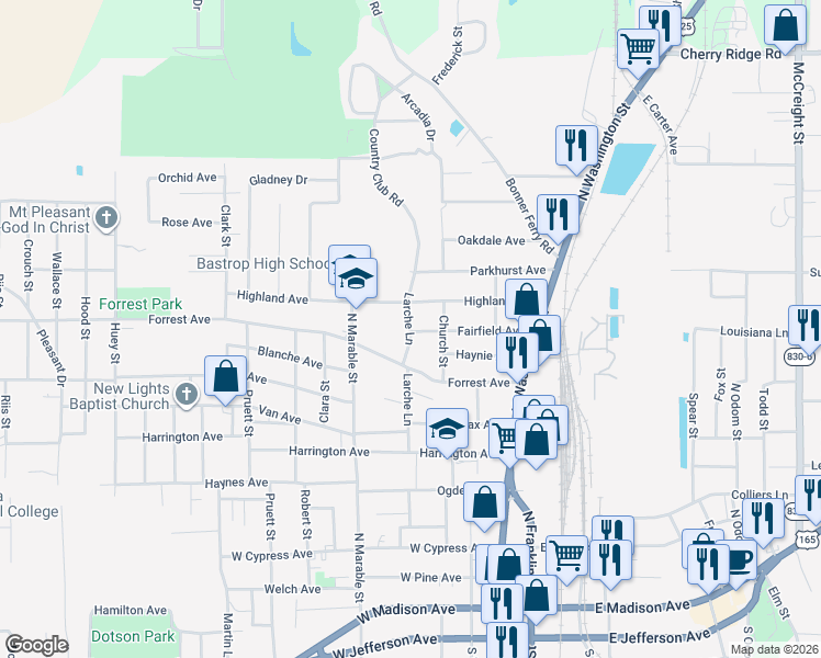 map of restaurants, bars, coffee shops, grocery stores, and more near 901-999 Larche Lane in Bastrop