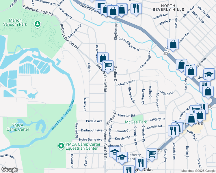 map of restaurants, bars, coffee shops, grocery stores, and more near 1822 Roberts Cut Off Road in Fort Worth