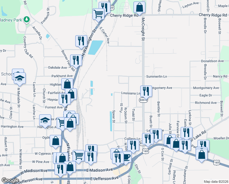 map of restaurants, bars, coffee shops, grocery stores, and more near Louisiana Lane in Bastrop