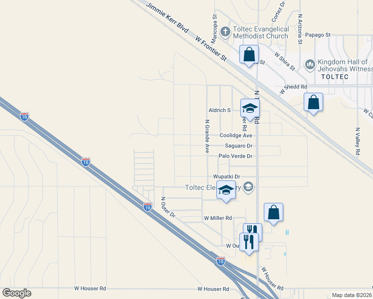 map of restaurants, bars, coffee shops, grocery stores, and more near 3620 Rio Drive in Eloy