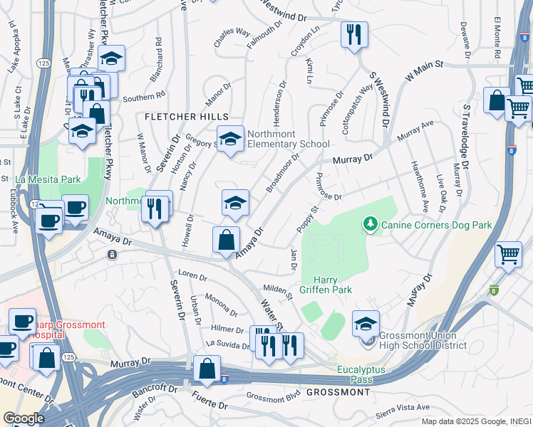 map of restaurants, bars, coffee shops, grocery stores, and more near 6020 Amaya Drive in La Mesa