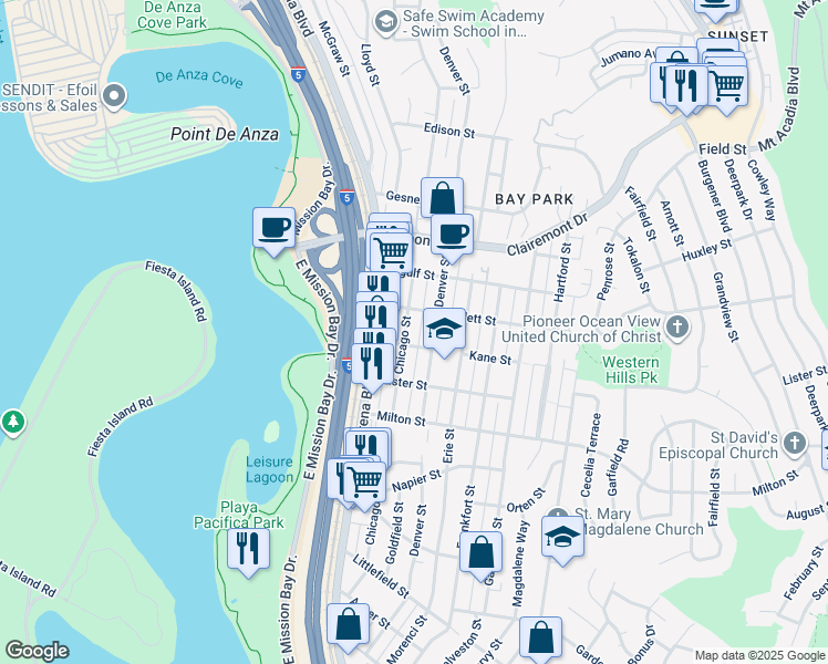 map of restaurants, bars, coffee shops, grocery stores, and more near 2402 Denver Street in San Diego