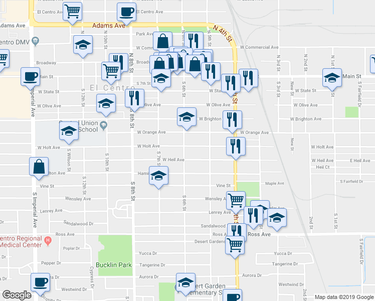 map of restaurants, bars, coffee shops, grocery stores, and more near 638 South 6th Street in El Centro