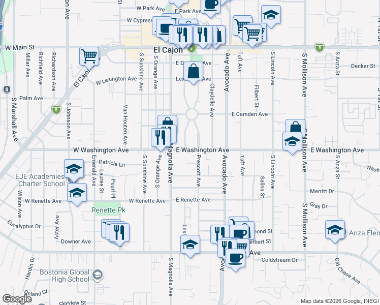 map of restaurants, bars, coffee shops, grocery stores, and more near 152 Danner Place in El Cajon