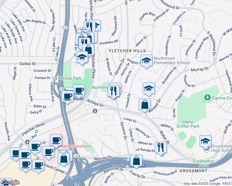 map of restaurants, bars, coffee shops, grocery stores, and more near 5923 Severin Drive in La Mesa