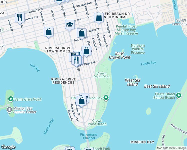 map of restaurants, bars, coffee shops, grocery stores, and more near 3702 Crown Point Drive in San Diego