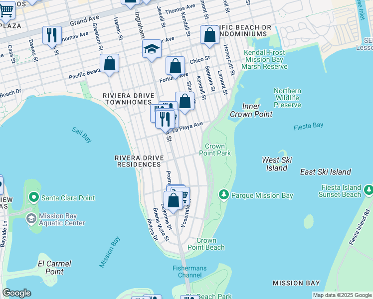 map of restaurants, bars, coffee shops, grocery stores, and more near 3702 Crown Point Drive in San Diego