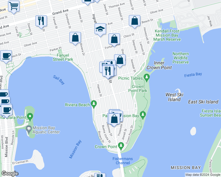 map of restaurants, bars, coffee shops, grocery stores, and more near 3700 Ingraham Street in San Diego