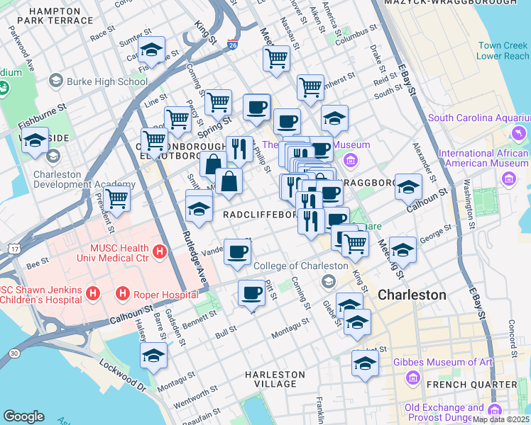 map of restaurants, bars, coffee shops, grocery stores, and more near in Charleston