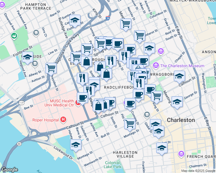 map of restaurants, bars, coffee shops, grocery stores, and more near 16 Thomas Street in Charleston