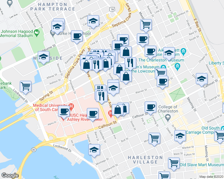 map of restaurants, bars, coffee shops, grocery stores, and more near 174 Rutledge Avenue in Charleston