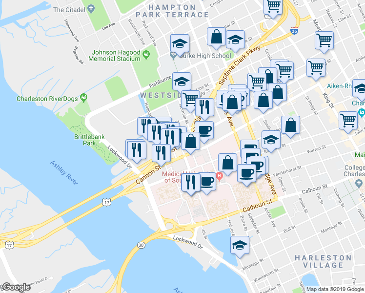 map of restaurants, bars, coffee shops, grocery stores, and more near 209 Spring Street in Charleston