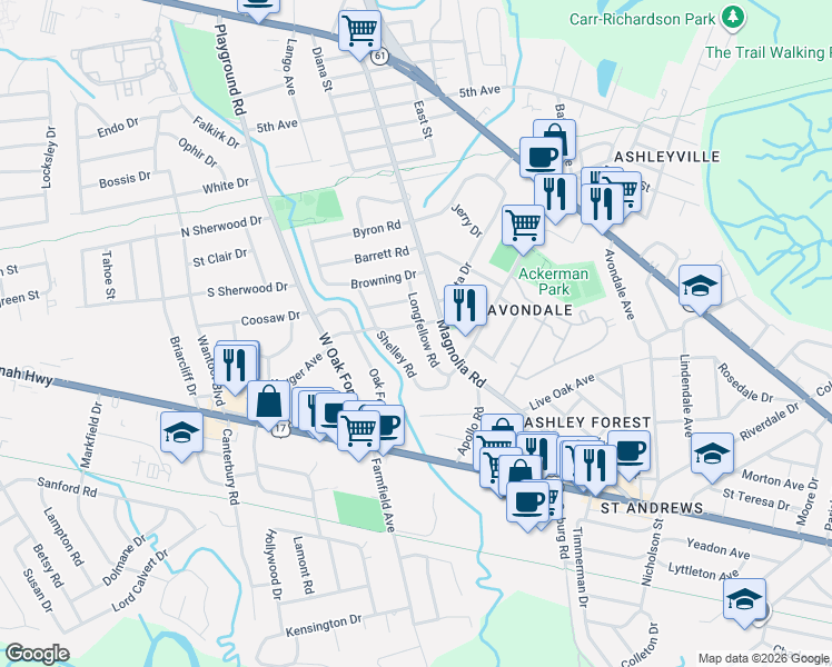 map of restaurants, bars, coffee shops, grocery stores, and more near 716 Longfellow Road in Charleston