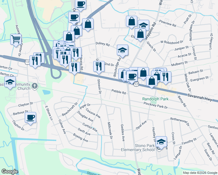 map of restaurants, bars, coffee shops, grocery stores, and more near 521 Sarah Street in Charleston