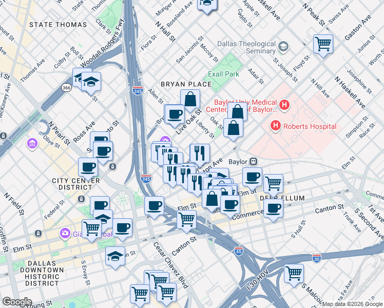 map of restaurants, bars, coffee shops, grocery stores, and more near 2636 Swiss Avenue in Dallas