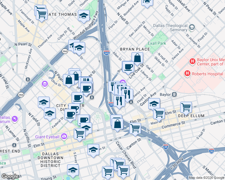 map of restaurants, bars, coffee shops, grocery stores, and more near 2502 Central in Dallas
