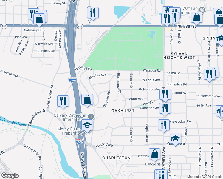 map of restaurants, bars, coffee shops, grocery stores, and more near 1815 Wisteria Court in Fort Worth