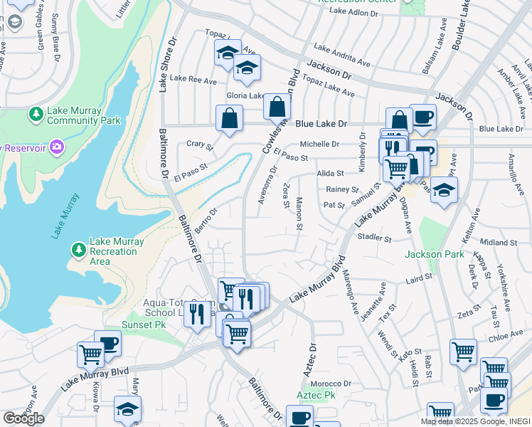 map of restaurants, bars, coffee shops, grocery stores, and more near 7750 Ropalt Street in La Mesa
