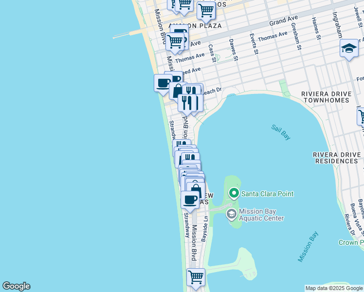 map of restaurants, bars, coffee shops, grocery stores, and more near Venice Court in San Diego