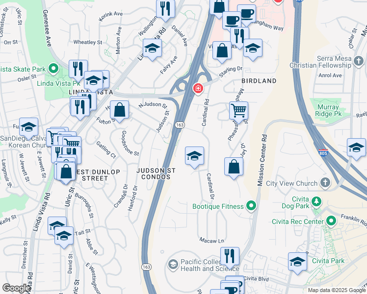 map of restaurants, bars, coffee shops, grocery stores, and more near 2441 Cardinal Lane in San Diego