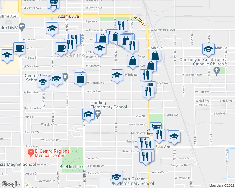 map of restaurants, bars, coffee shops, grocery stores, and more near 591 West Holt Avenue in El Centro