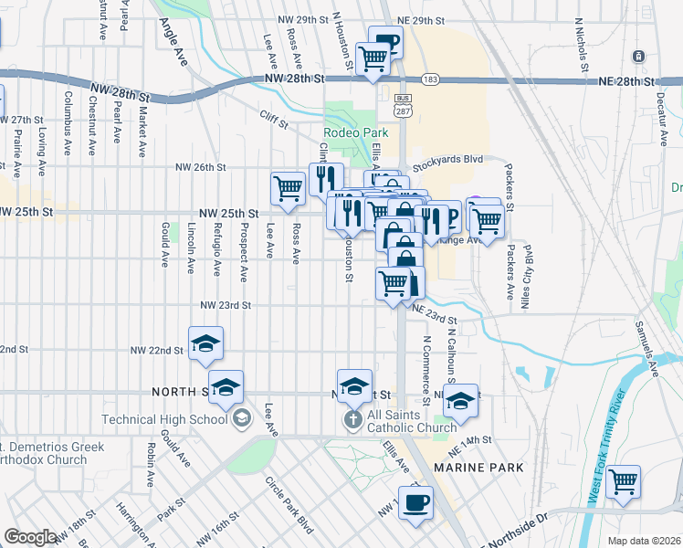 map of restaurants, bars, coffee shops, grocery stores, and more near 2308 North Houston Street in Fort Worth