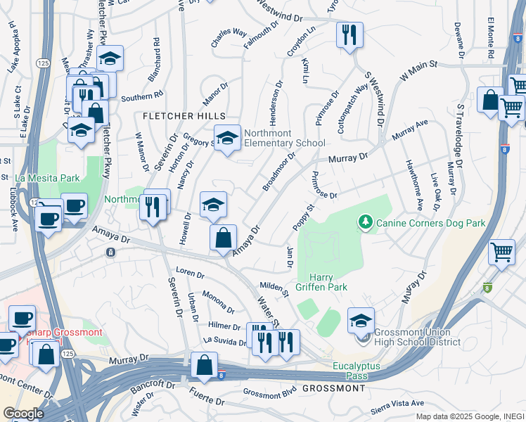 map of restaurants, bars, coffee shops, grocery stores, and more near 6020 Amaya Drive in La Mesa
