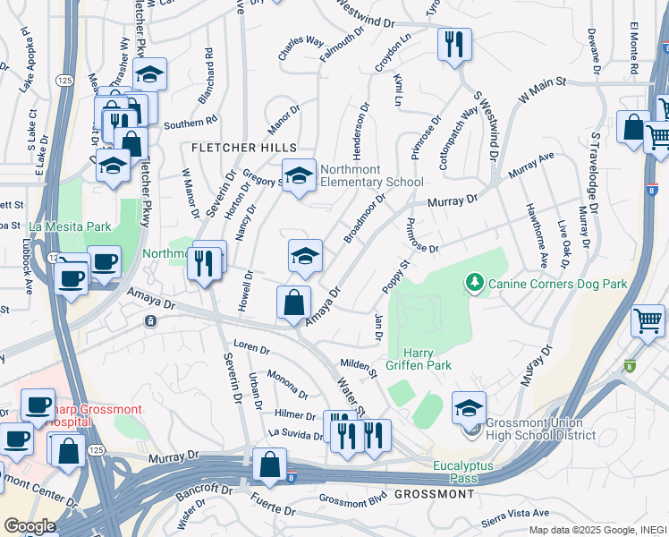 map of restaurants, bars, coffee shops, grocery stores, and more near 5995 Broadmoor Drive in La Mesa