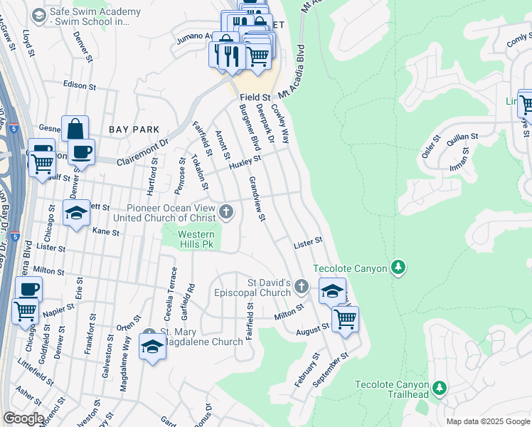map of restaurants, bars, coffee shops, grocery stores, and more near 2537 Grandview Street in San Diego