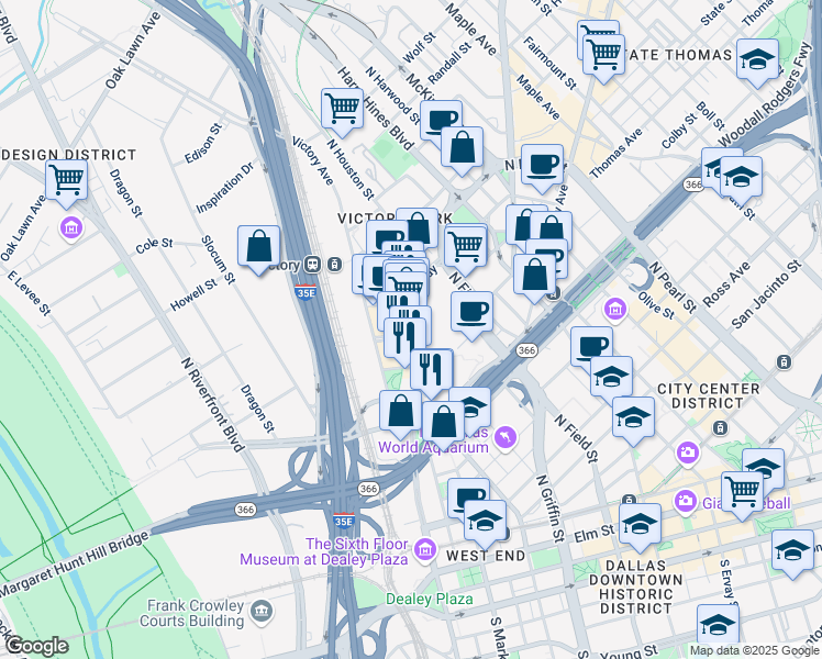 map of restaurants, bars, coffee shops, grocery stores, and more near 2400 Victory Park Lane in Dallas