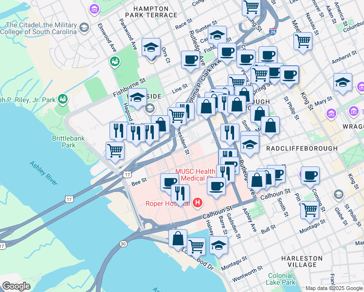 map of restaurants, bars, coffee shops, grocery stores, and more near 111 President Street in Charleston