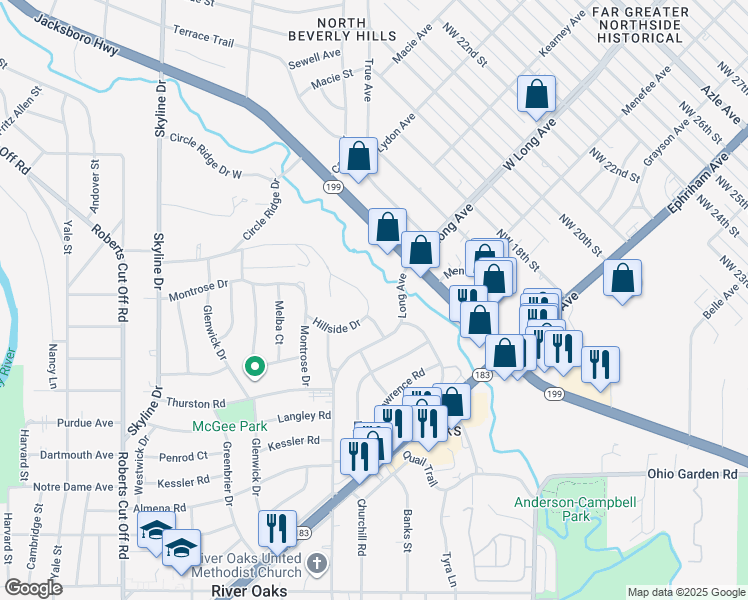 map of restaurants, bars, coffee shops, grocery stores, and more near 1620 Woodlawn Street in River Oaks