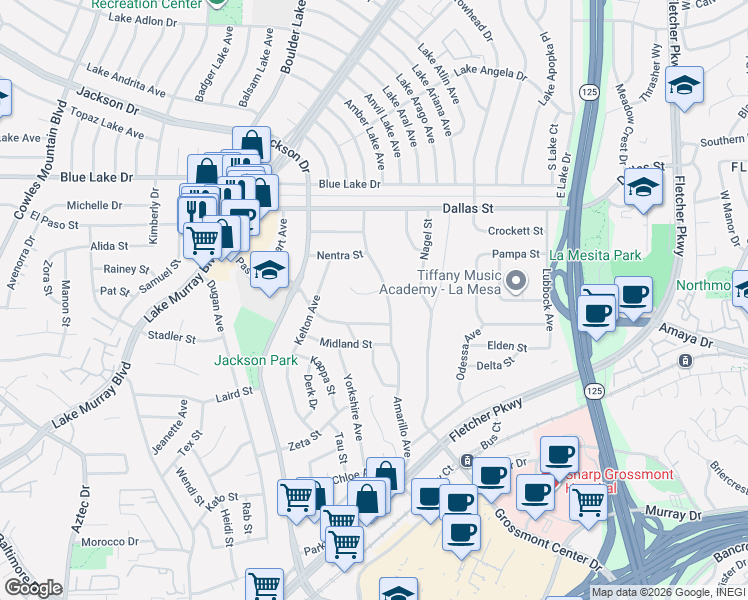 map of restaurants, bars, coffee shops, grocery stores, and more near 8480 El Paso Street in La Mesa