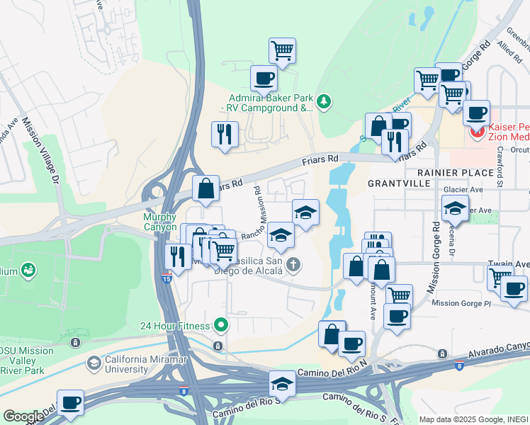 map of restaurants, bars, coffee shops, grocery stores, and more near 6255 Rancho Mission Road in San Diego