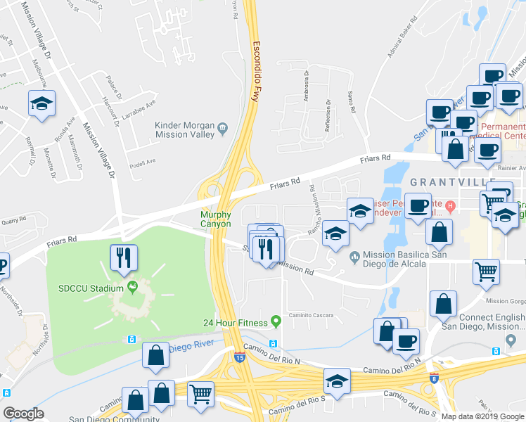 map of restaurants, bars, coffee shops, grocery stores, and more near 10262 Caminito Cuervo in San Diego