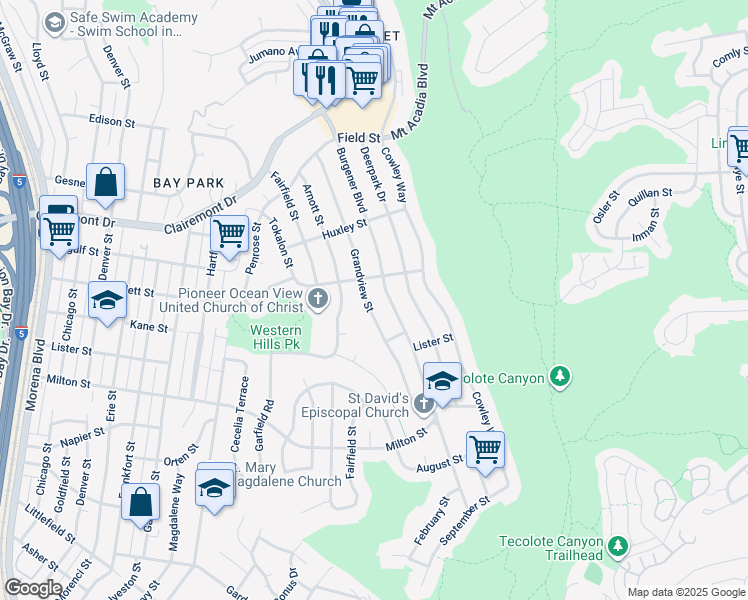 map of restaurants, bars, coffee shops, grocery stores, and more near 2537 Grandview Street in San Diego