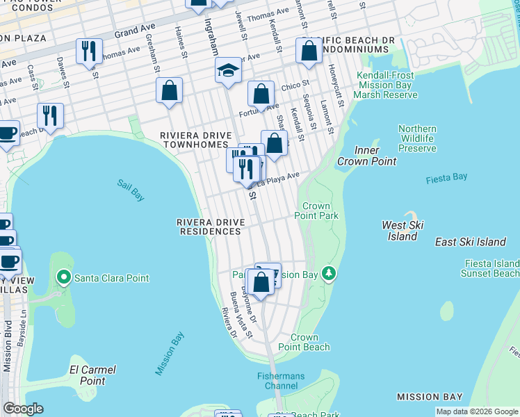 map of restaurants, bars, coffee shops, grocery stores, and more near 3700 Ingraham Street in San Diego