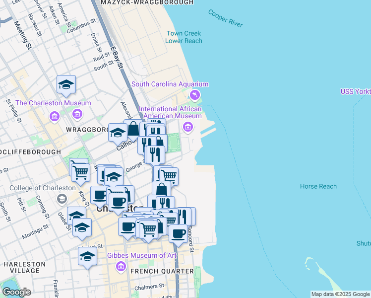 map of restaurants, bars, coffee shops, grocery stores, and more near 201-293 Concord Street in Charleston