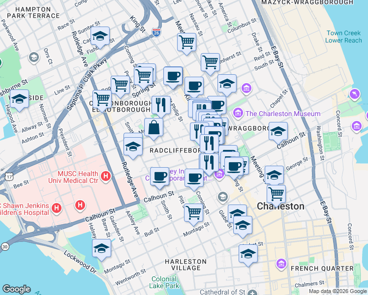 map of restaurants, bars, coffee shops, grocery stores, and more near in Charleston