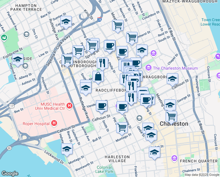 map of restaurants, bars, coffee shops, grocery stores, and more near in Charleston