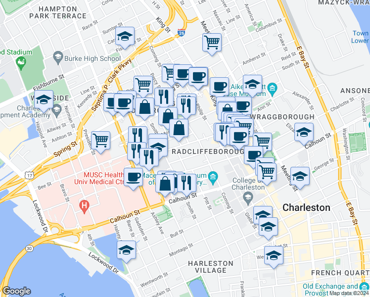 map of restaurants, bars, coffee shops, grocery stores, and more near 16 Thomas Street in Charleston