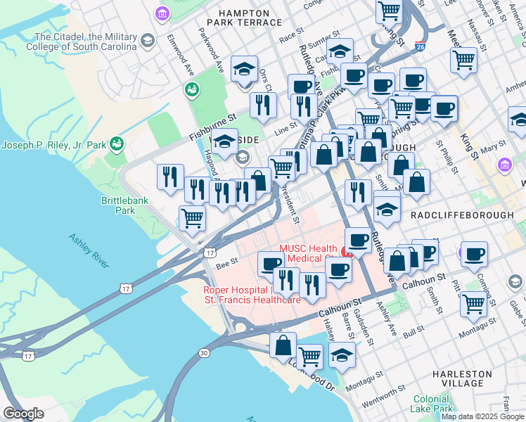 map of restaurants, bars, coffee shops, grocery stores, and more near 209 Spring Street in Charleston