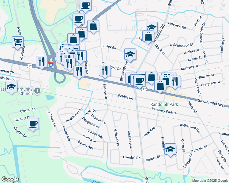 map of restaurants, bars, coffee shops, grocery stores, and more near 521 Sarah Street in Charleston