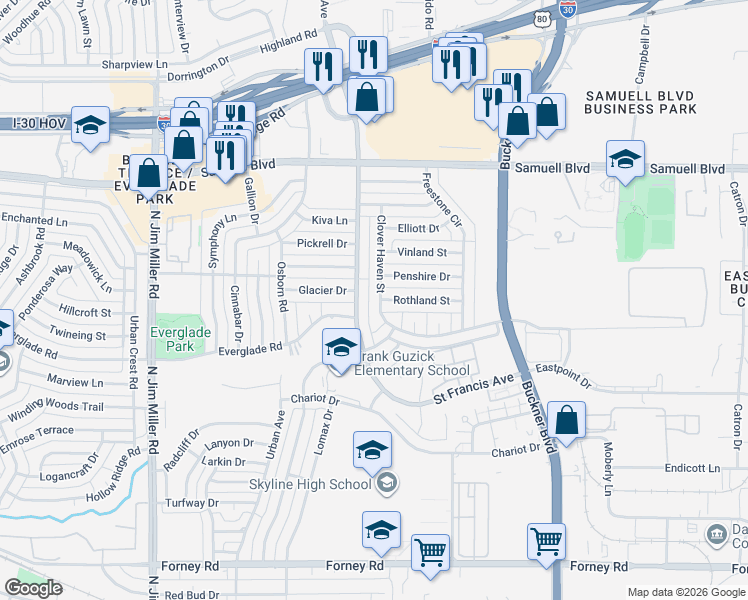 map of restaurants, bars, coffee shops, grocery stores, and more near 5108 Clover Haven Street in Dallas